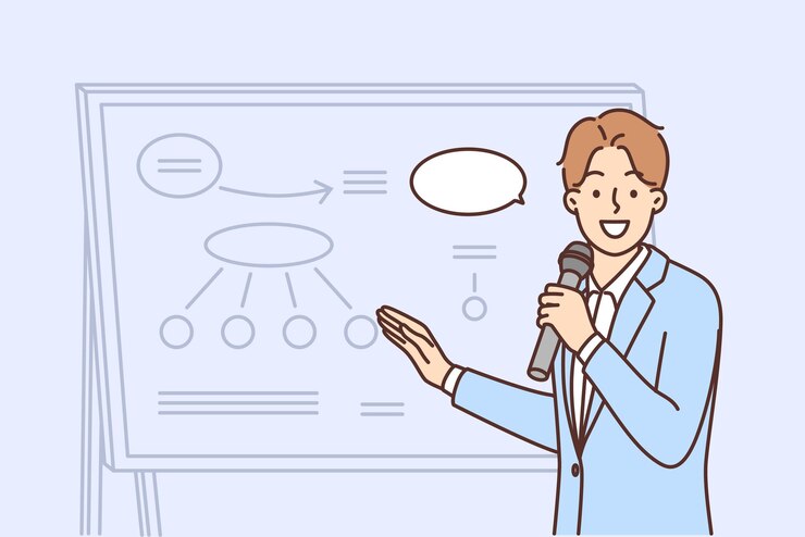 Vector 웃고 있는 사업가가 화이트보드에 프레젠테이션을 하다