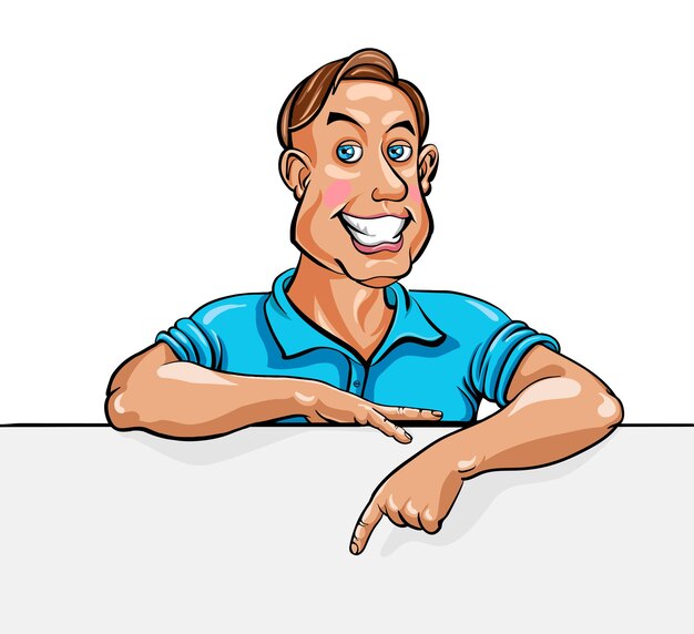Vettore uomo d'affari sorridente che indica all'insegna in bianco. illustrazione vettoriale