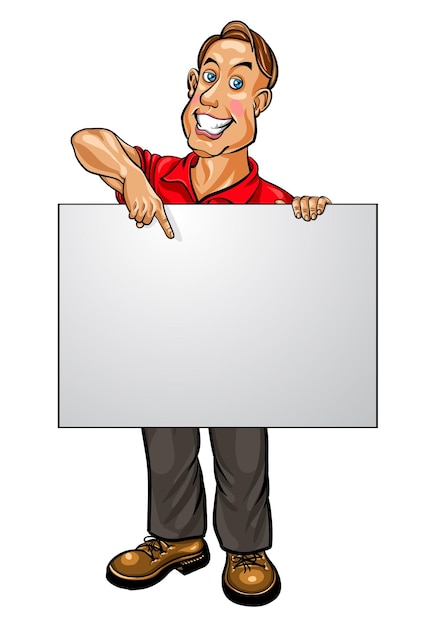 Smiling businessman pointing at blank banner. vector illustration