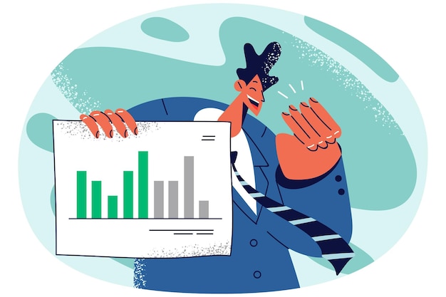 Vector smiling businessman showing graph with business success