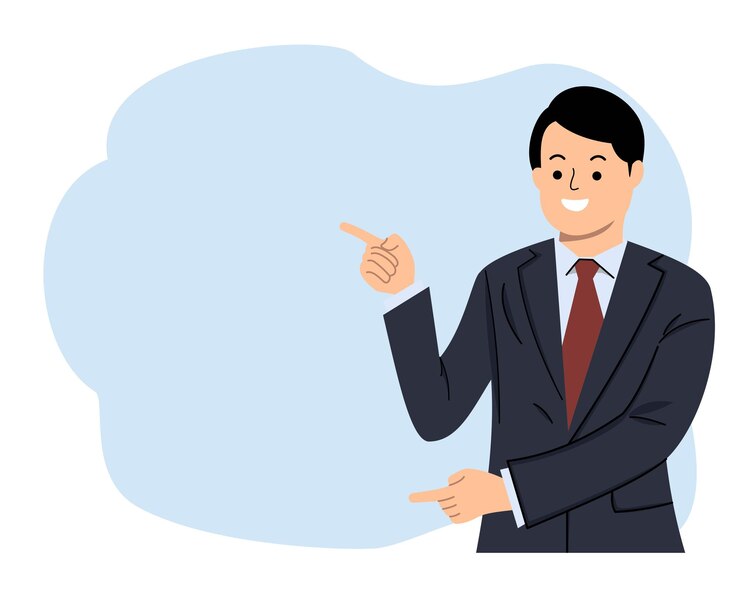Vector smiling businessman showing pointing finger to blank space