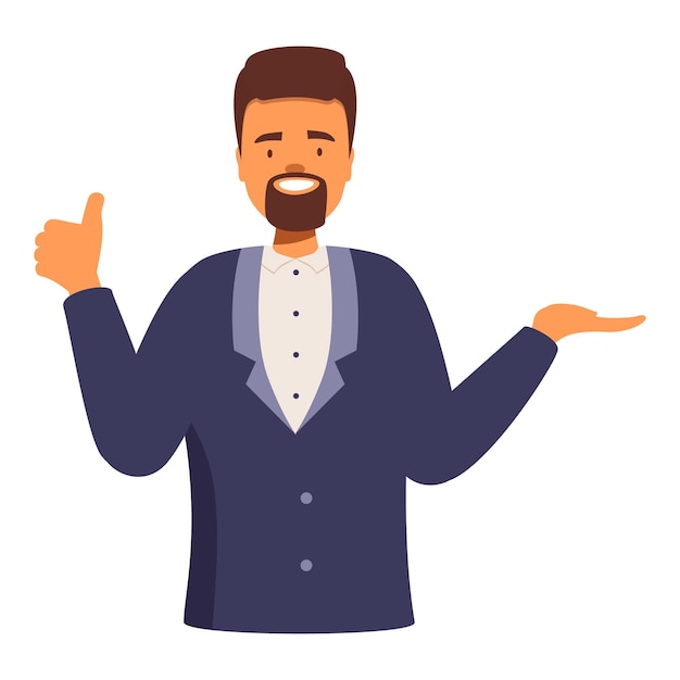 Smiling businessman showing thumb up and presenting something with other hand gesture
