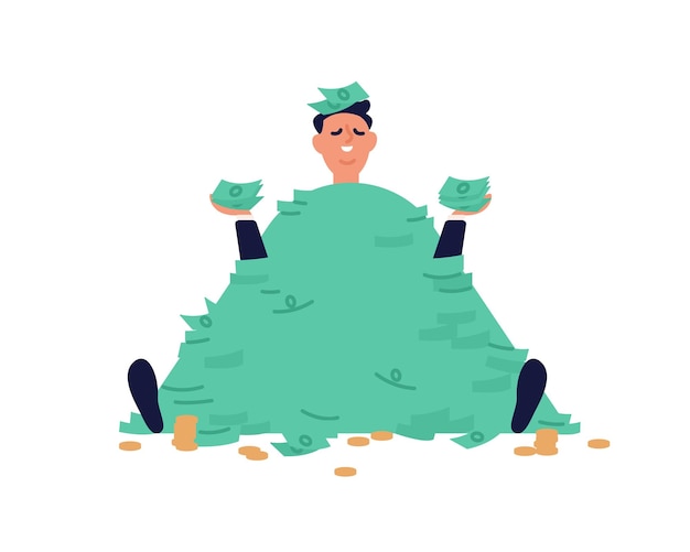 Vector smiling businessman sit with stack of banknotes and coins vector flat illustration. male millionaire holding heap of cash enjoying richness and financial success isolated. man in huge currency pile.