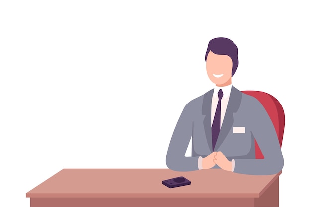 Smiling businessman in suit sitting at the desk flat vector illustration