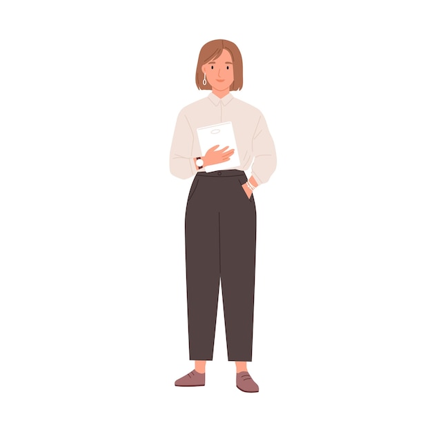 Улыбающаяся деловая женщина держит в руках планшетный ПК. Портрет счастливого офисного работника, стоящего в формальной одежде. Дружелюбный молодой сотрудник. Плоская векторная иллюстрация на белом фоне.
