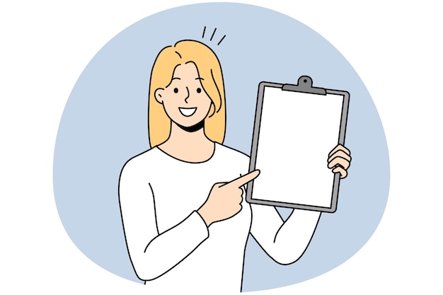 Улыбающаяся деловая женщина показывает папку с белой бумагой-макетом счастливая сотрудница демонстрирует выполненную работу по оформлению документов на рабочем месте векторная иллюстрация
