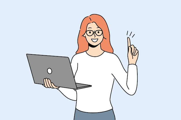 La donna di affari sorridente con il computer portatile genera l'idea di affari