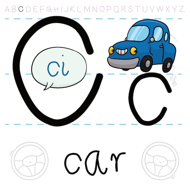 Vector smiling car practicing the letter 'c' pronunciation in english and learning the alphabet