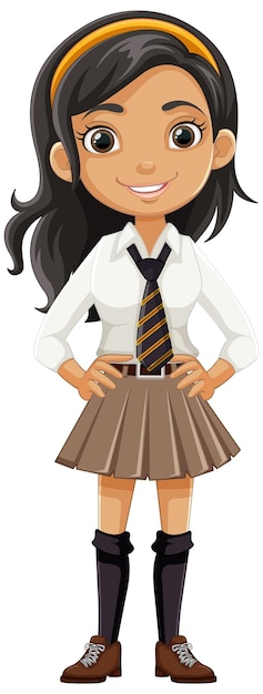 Vettore personaggio di cartone animato sorridente bella studentessa in uniforme scolastica