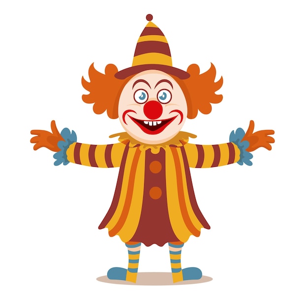 Вектор Улыбающийся клоун из мультфильма приветствует зрителей цирк показывает красный нос смешной макияж красочный наряд