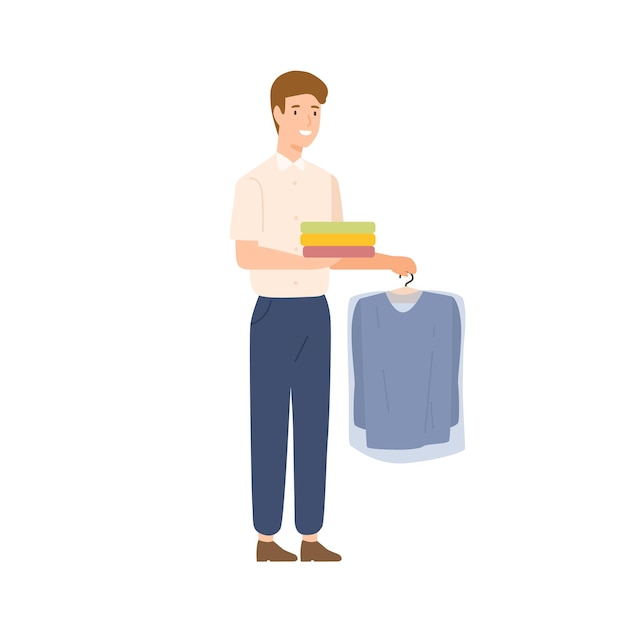 Smiling cartoon male courier delivery dry cleaning clothes flat illustration