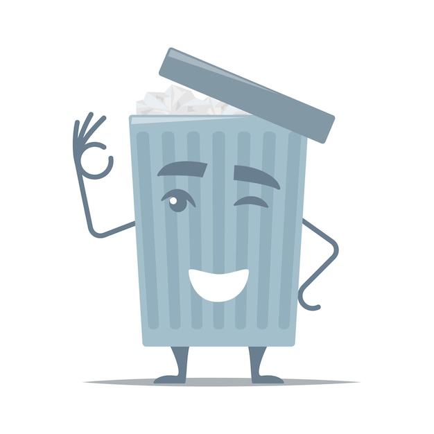 Vector smiling cartoon trash can shows gesture okay urn with crumpled paper and opened lid trash can