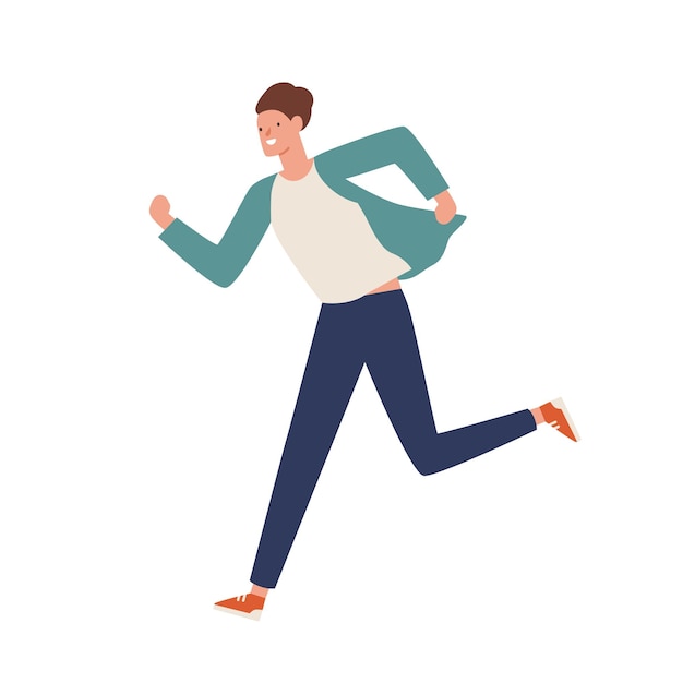 Smiling casual man running away vector flat illustration. Happy young guy hustle or hurry isolated on white background. Funny active male moving fast. Excited person move in rush.