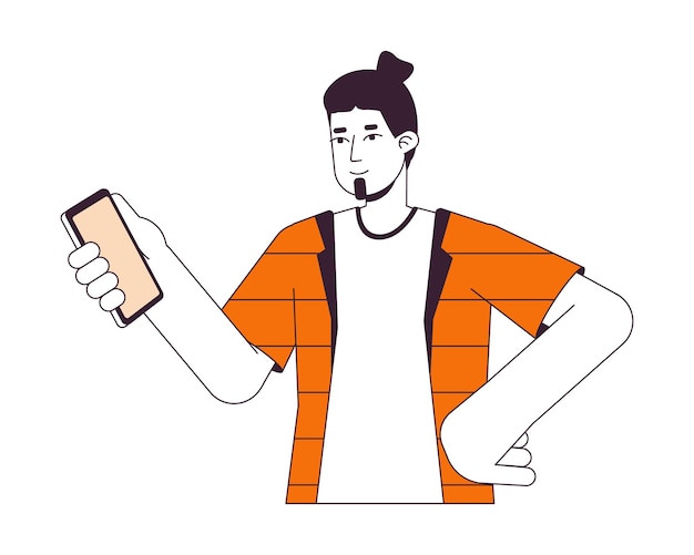 Улыбающийся кавказский мужчина смотрит на смартфон плоской линией цвета векторного персонажа Редактируемый контур половины тела человека на белом Рука на талии простая мультяшная иллюстрация пятна для веб-графического дизайна