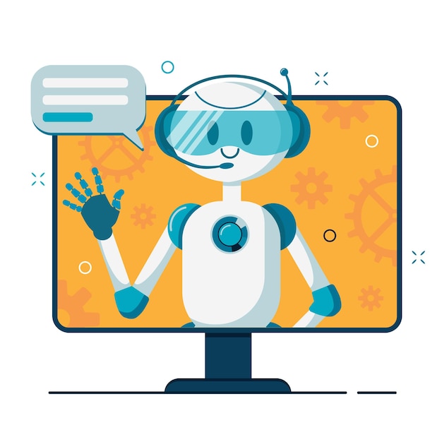 Robot sorridente del carattere del bot di chat che aiuta a risolvere i problemi. supporto online.