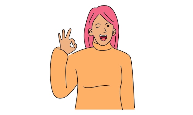 Smiling cheerful girl in casual clothes showing okay sign