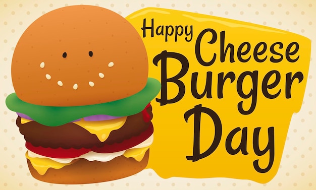 Cheeseburger sorridente con cartello pronto a celebrare il suo giorno