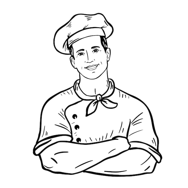 Smiling chef in arms crossed pose. Happy chef cook in hat isolated on white.Vector illustration.