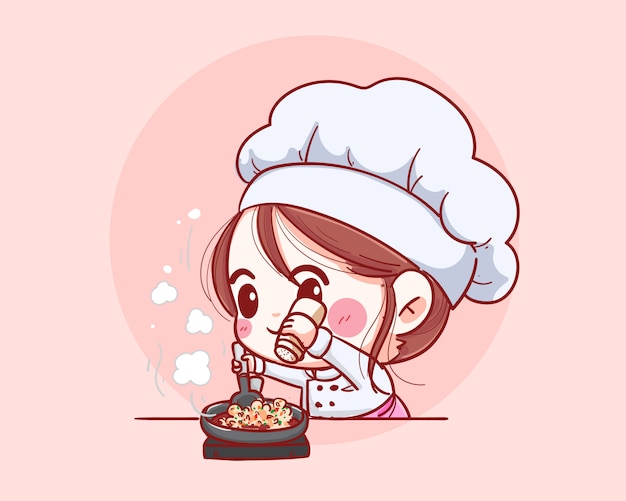 Vector smiling chef female. woman chef is cooking fun. hand drawn illustration