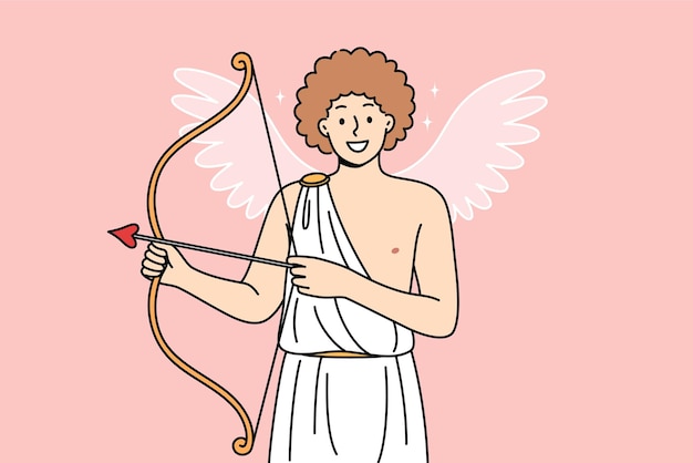 Smiling cherub with cupid bow and arrow congratulates on valentine day and calls for love