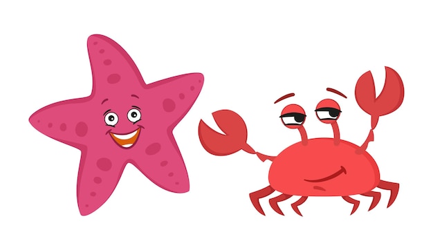 Smiling comic starfish and crab vector illustration