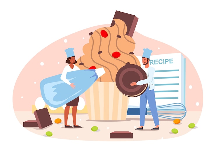 Vector smiling confectioners decorating cake cooking making dessert confection or pastry flat abstract