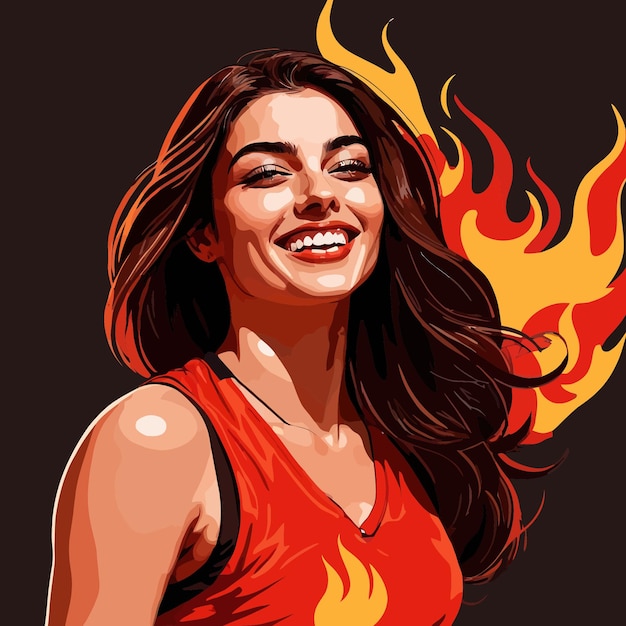Smiling confident woman athlete on fire hot success vector illustration