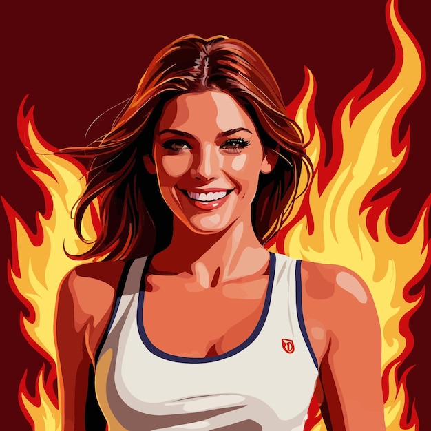 Vettore una donna atleta sorridente e sicura in fiamme, illustrazione del vettore del successo