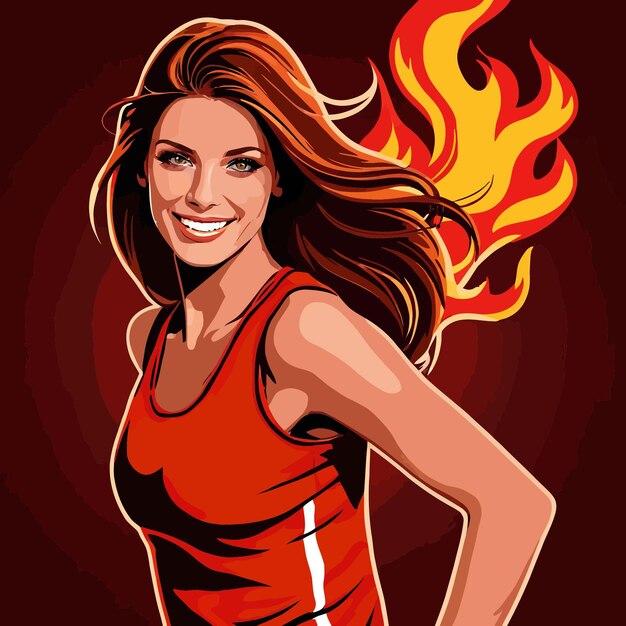 Vettore una donna atleta sorridente e sicura in fiamme, illustrazione del vettore del successo