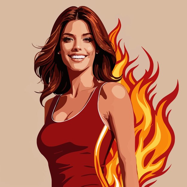 Smiling confident woman athlete on fire hot success vector illustration