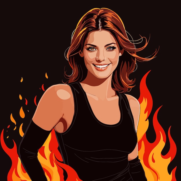 Smiling confident woman athlete on fire hot success vector illustration