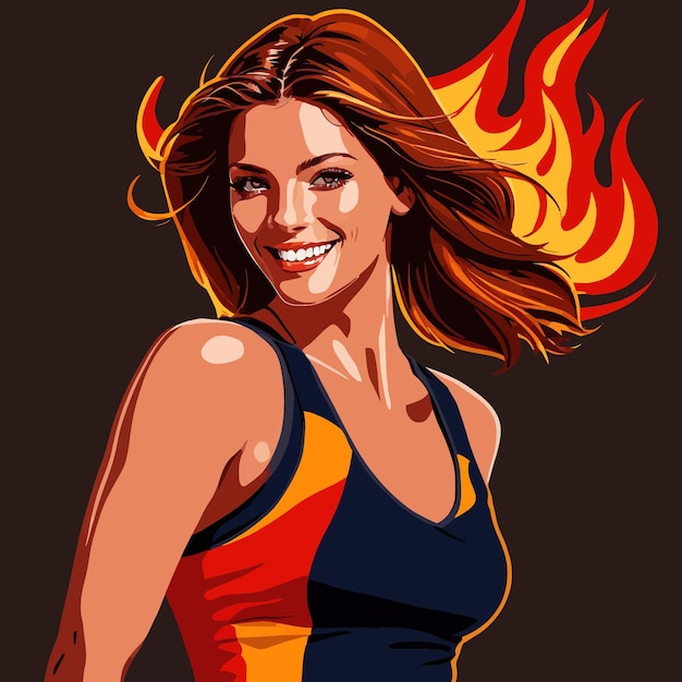 Vettore una donna atleta sorridente e sicura in fiamme, illustrazione del vettore del successo