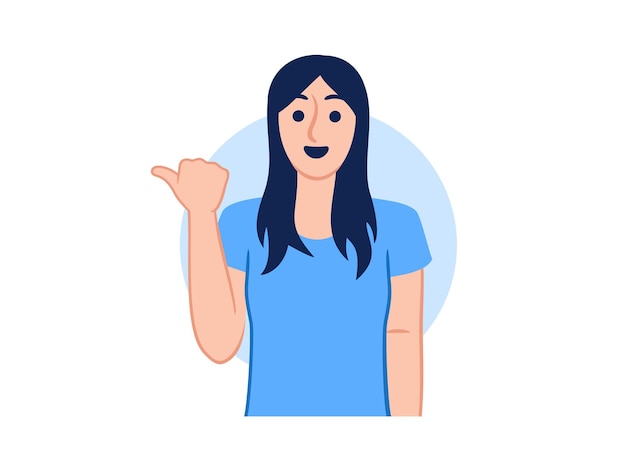 Vector smiling confident woman pointing thumbs fingers way direction aside sideway pose gesture instruction