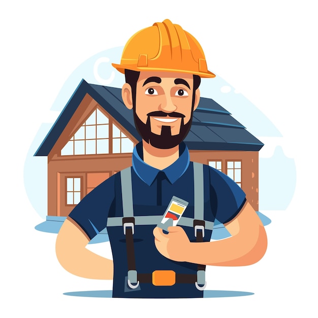 Vector smiling construction worker cartoon holding paint swatches bearded builder hard hat overalls