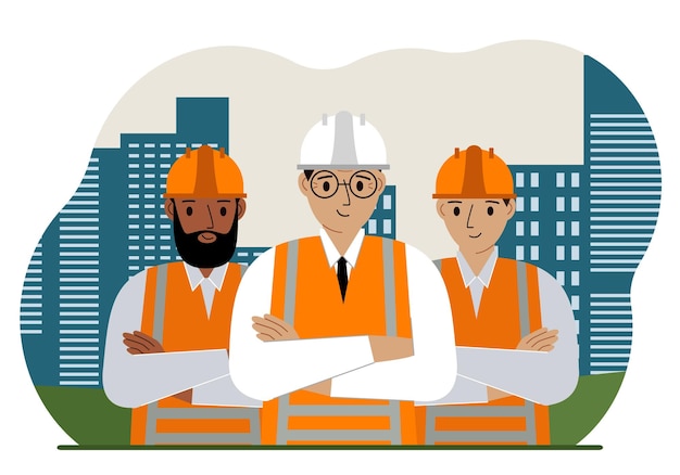 Smiling constructors and construction team on the background of the city and high apartment buildings. Vector flat illustration