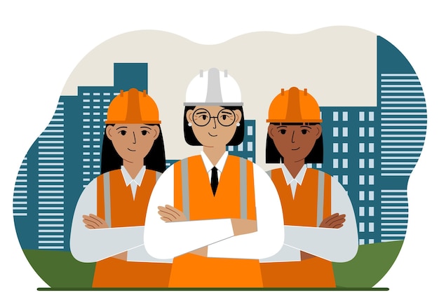 smiling constructors and construction team on the background of the city and high apartment buildings. vector flat illustration