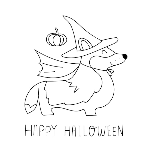 Smiling corgi wearing Halloween costume Outline vector illustration on white background