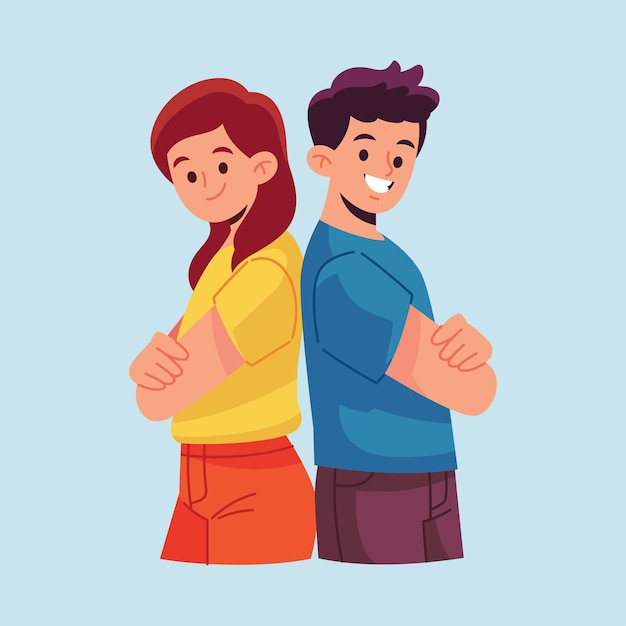 smiling couple back to back illustrative art teamwork concept unity