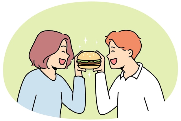 Smiling couple eating tasty hamburger together Happy man and woman enjoy delicious burger Fast food and restaurant chain Vector illustration