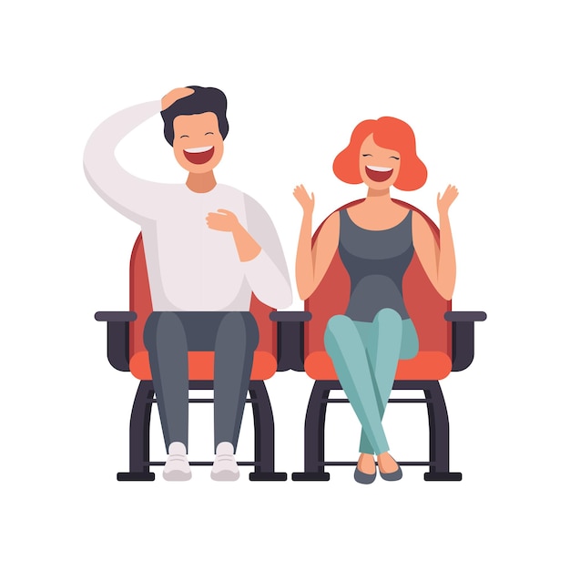 Smiling couple sitting in cinema theatre and watching comedy movie vector Illustration isolated on a white background