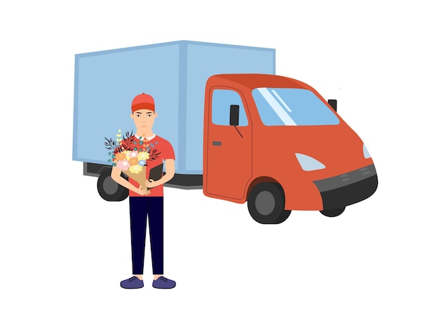 Smiling courier boy holding flowers bouquet and order check list paperclip delivery man truck with flowers delivery service flat vector illustration isolated on white background