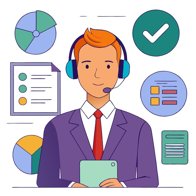 Smiling customer service representative with headset holding a tablet and surrounded by business icons