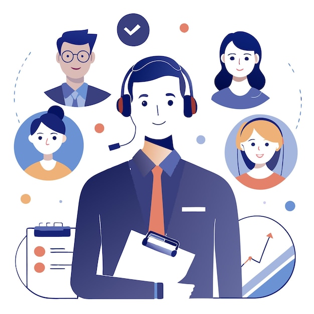 A smiling customer service representative with a headset holds a clipboard and is surrounded by four clients
