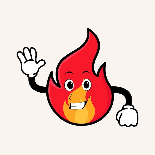 Smiling cute fire cartoon mascot character doodle vintage style fire illustration concept