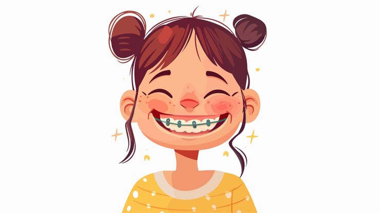 Vector smiling cute girl with dental braces on teeth