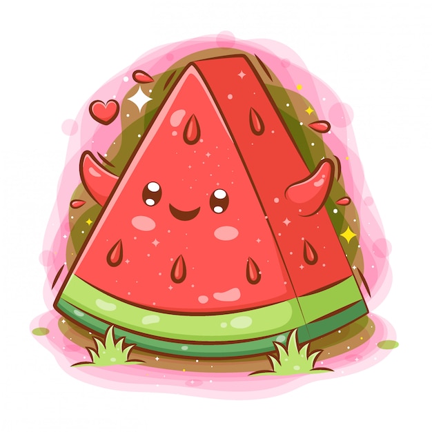 Smiling cute kawaii cartoon piece of watermelon character