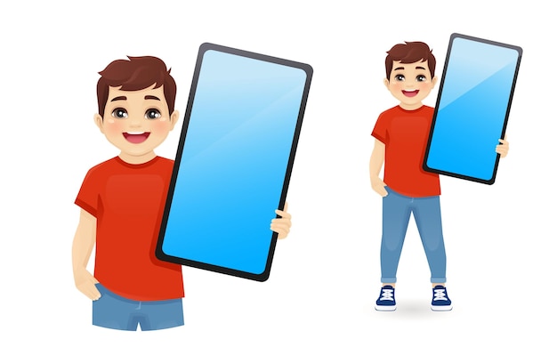 Smiling cute little boy showing blank phone screen vector illustration