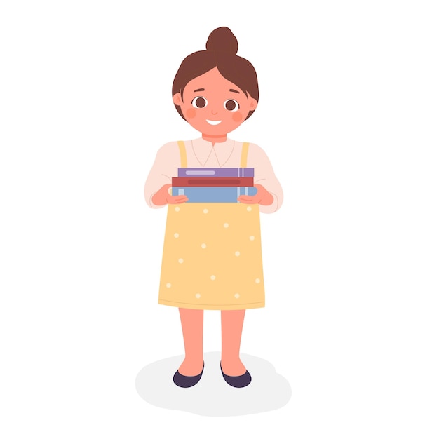 Улыбающаяся милая девочка с книгами в руках