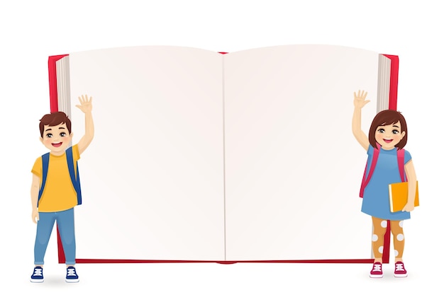 Smiling cute school boy and girl kids with backpacks standing in front of big empty opened book