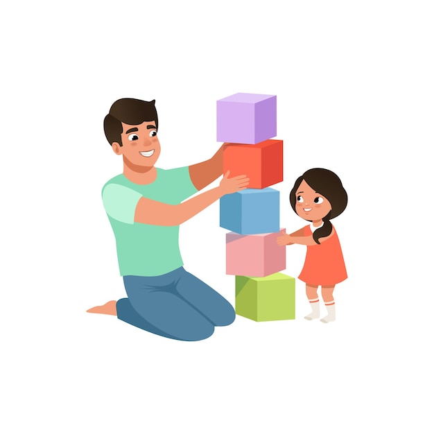 Smiling dad playing cubes with his daughter loving father and kid spending time together vector Illustration on a white background